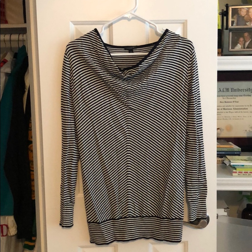Black and white striped cowl neck sweater